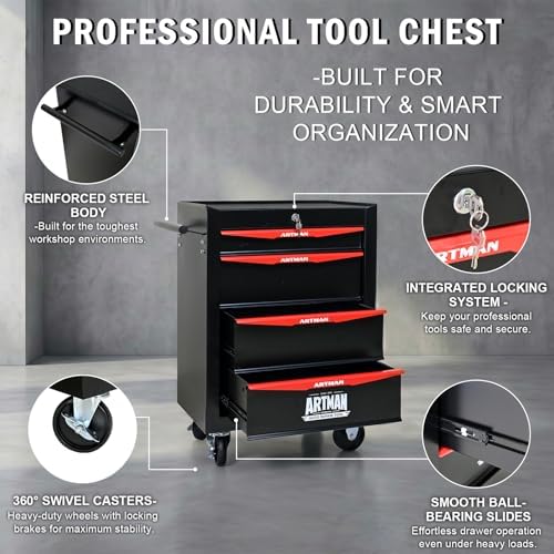 4-drawer rolling tool chest, lockable for garage,black on a desk or shelf