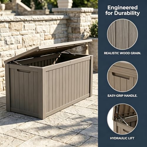 178 gallon resin deck box with gas lift, side view