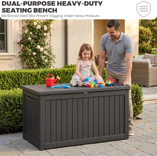 outdoor storage box, 270 gallon waterproof deck box on a desk or shelf