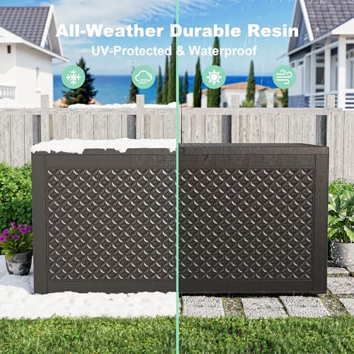 outdoor waterproof resin storage deck box lockable outside on a desk or shelf