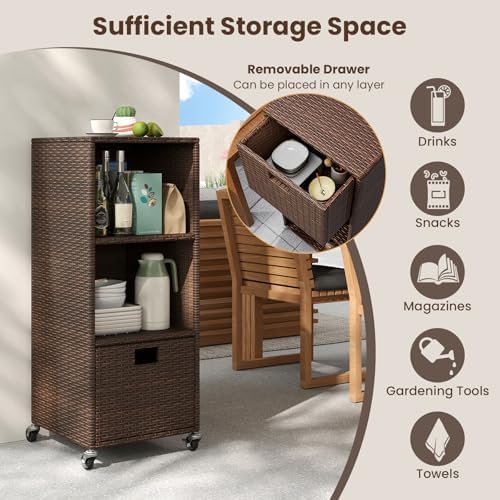 tangkula rattan outdoor storage cabinet with 4 wheels on a desk or shelf