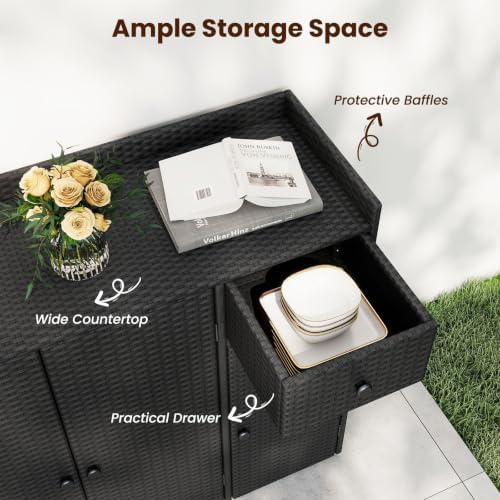 tangkula rattan outdoor storage cabinet with 2 adjustable showing dimensions