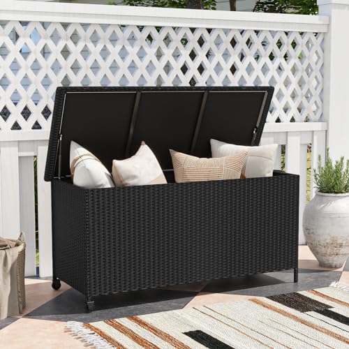 tangkula rattan deck box, 85 gallon storage container shown in use