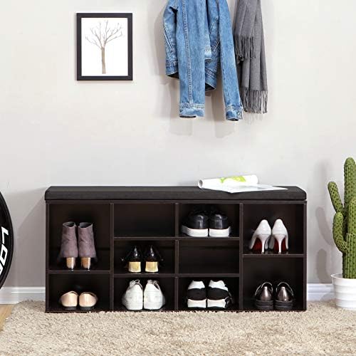 vasagle shoe bench with cushion, 10 compartments, 11.8 shown in use