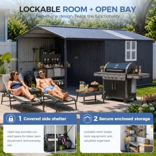 10x15.5 ft metal storage shed with window, lockable, close-up detail