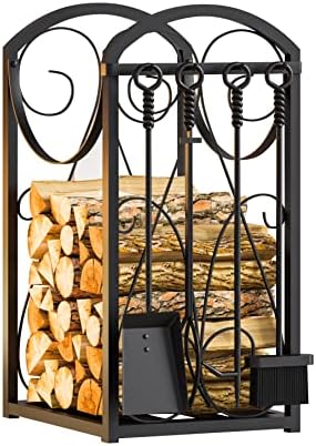 kingson firewood rack indoor/outdoor log holder, black, side view