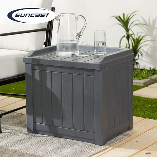 suncast 2 pack small deck box storage w/bench, side view