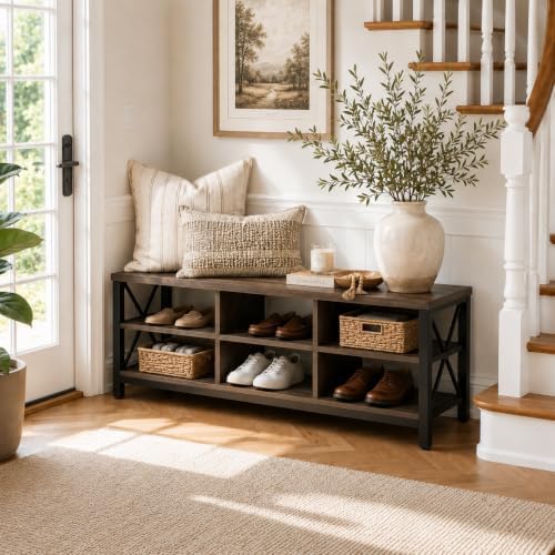 fatorri industrial shoe bench with storage, rustic entryway, close-up detail