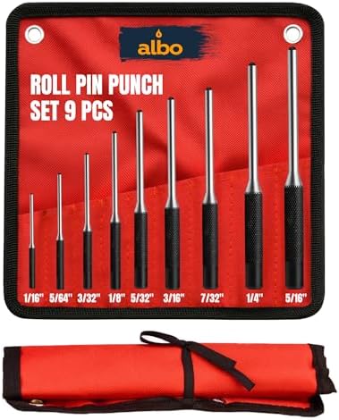 ALBO Roll Pin Punch Set, 9-Piece SAE 1/16–5/16 in, Chrome Vanadium Steel, Heat-Treated Pin Punch Kit with Knurled Handles, Roll-Up Storage Pouch, for Automotive & Small Machinery