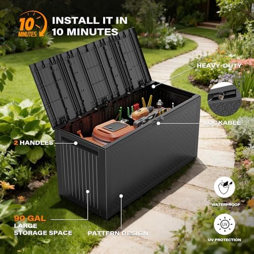 vingli 90 gallon lockable durable outdoor storage box, side view