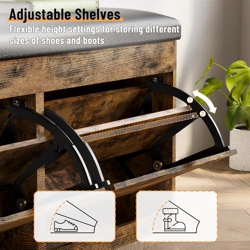 40" shoe storage bench with 2 flip drawers showing dimensions