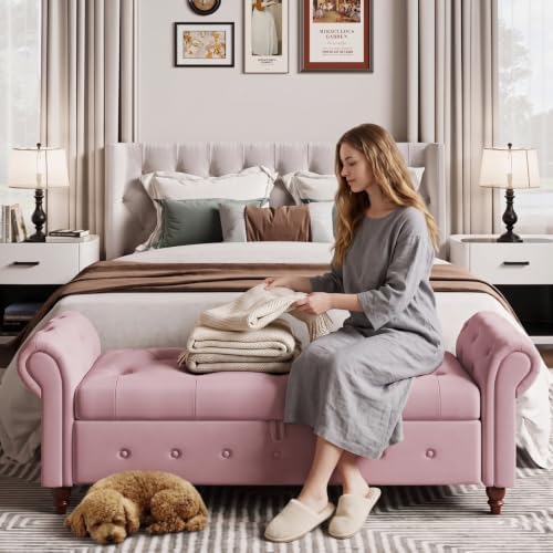 63'' storage ottoman bench, upholstered bed bench, pink, close-up detail