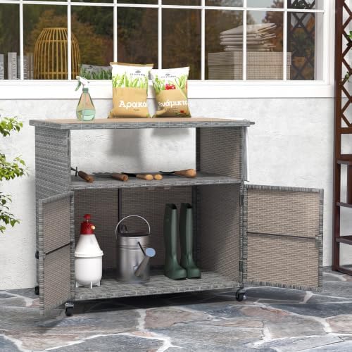 happygrill outdoor storage cabinet with wheels, pe rattan, close-up detail