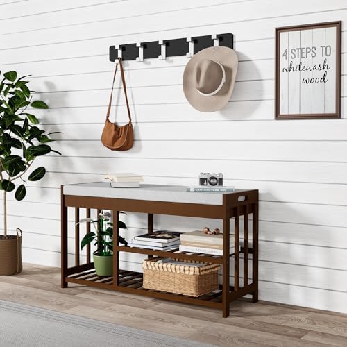 bamboo shoe storage bench with cushioned seat 3-tier, side view