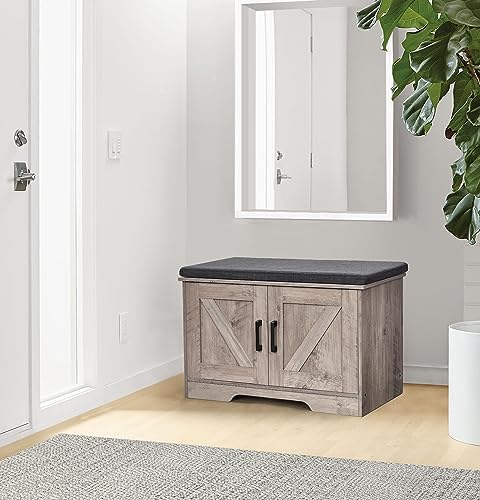 homsho farmhouse shoe storage bench with 2 barn shown in use