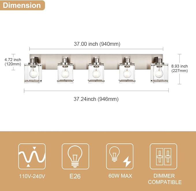 WINSHEN 5-Lights Brushed Nickel Bathroom Wall Light - Image 3