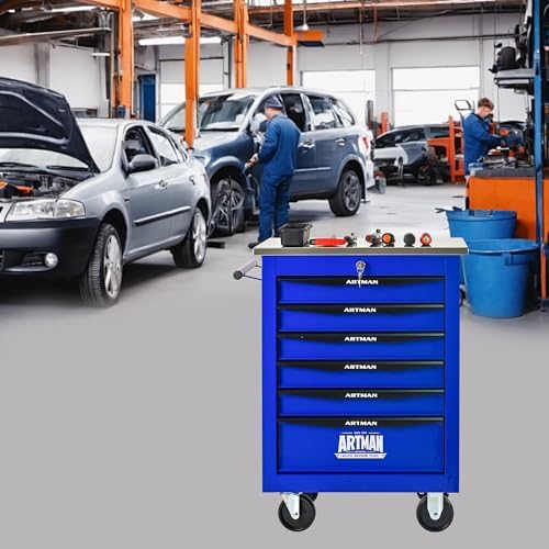 6-drawer rolling tool chest, blue & black modular shown in use