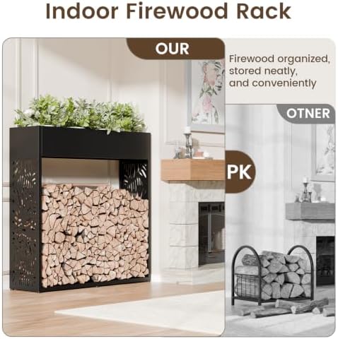 44" firewood rack outdoor with planter & reinforced, side view