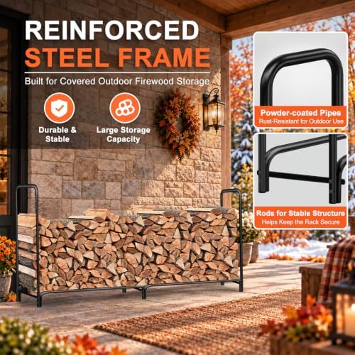 gtongoko 8ft firewood rack outdoor with cover, large, front angle view
