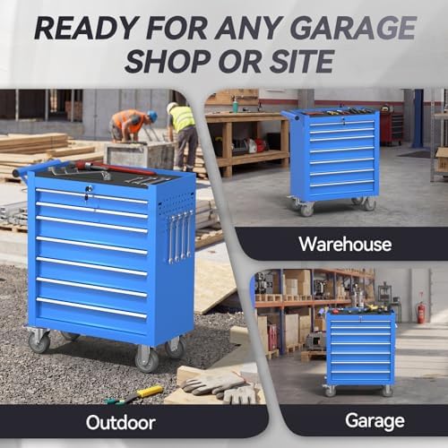 7-drawer rolling tool chest with wheels, metal tool on a desk or shelf
