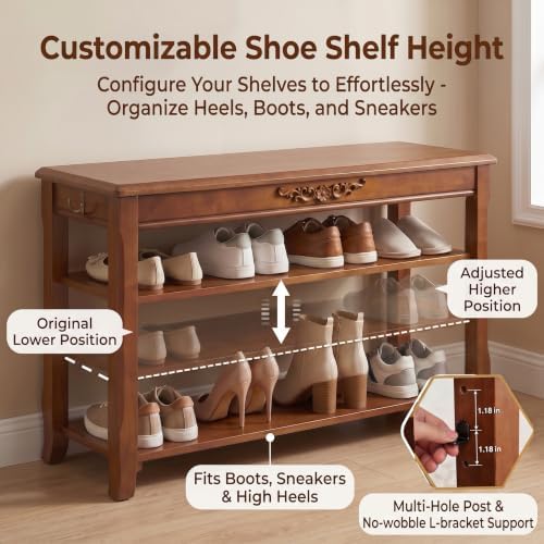 shoe rack bench with storage 3 tier solid showing dimensions