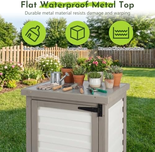 small outdoor storage cabinet with waterproof metal top shown in use