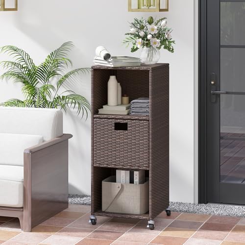 happygrill outdoor storage cabinet with wheels, pe rattan shown in use
