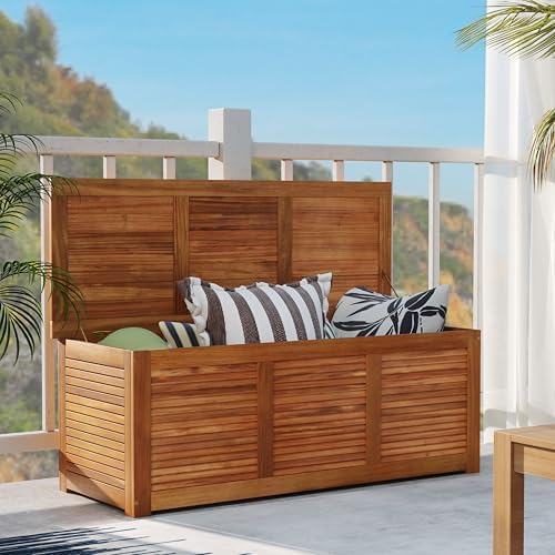 relax4life deck box acacia wood, 46 gallon backyard shown in use