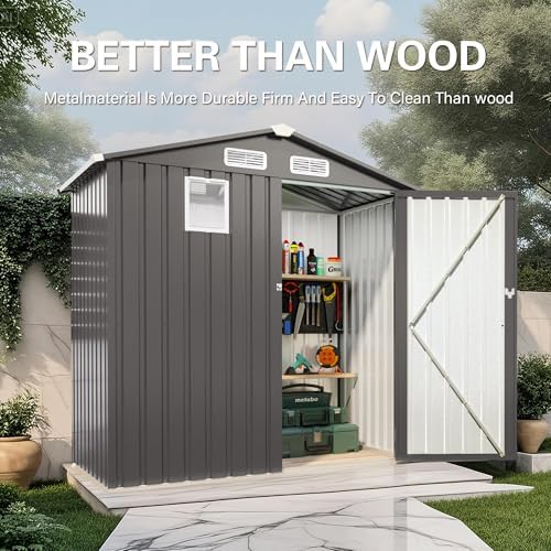 6x3.5 ft outdoor storage shed, small metal garden on a desk or shelf