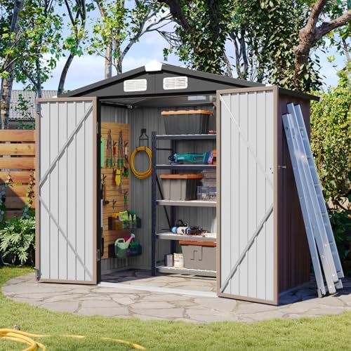 aoxun 6x4 ft metal outdoor steel shed brown shown in use