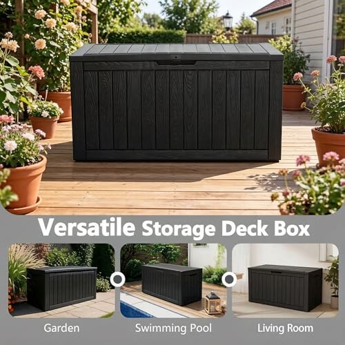 outdoor storage box waterproof, 150 gallon deck box showing dimensions