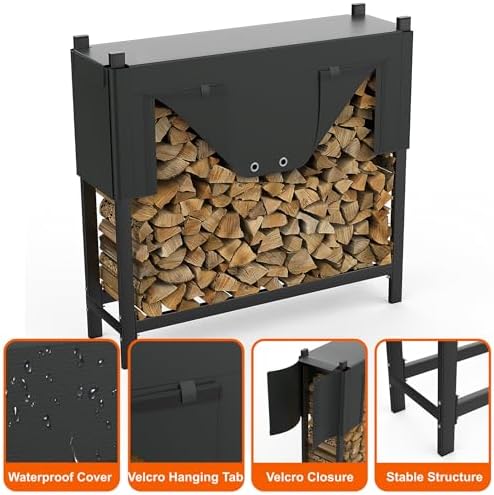 walmann heavy-duty firewood rack with cover & firewood showing dimensions