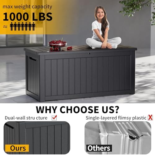 270 gallon waterproof outdoor storage box, lockable deck showing dimensions