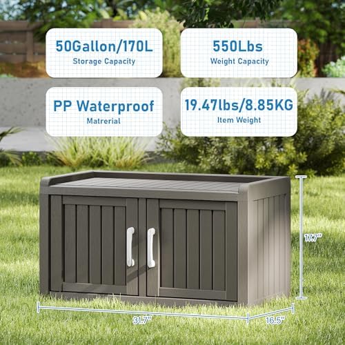 2-tier storage bench, waterproof uv-resistant outdoor shoe storage, close-up detail