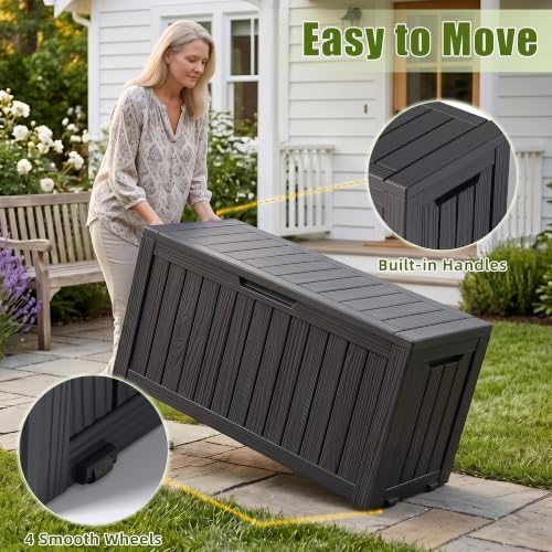 140gal outdoor storage box with portable wheels, waterproof shown in use