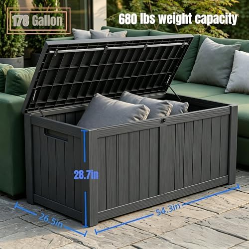 makino 178 gallon large resin outdoor storage box, front angle view