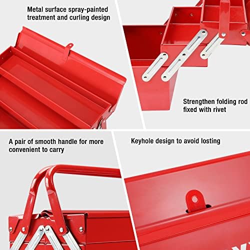 workpro metal tool box, 18-inch cantilever folding red showing dimensions