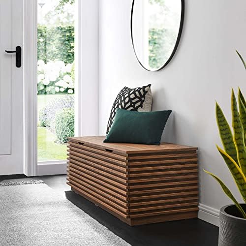 modway render 47" wood grain storage bench in, front angle view