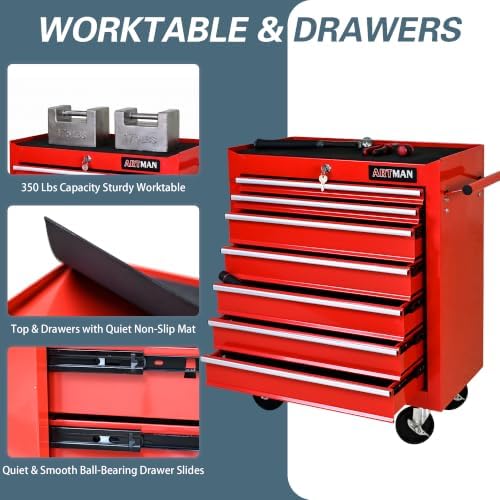 7 drawers rolling tool chest on wheels, multifunctional, side view