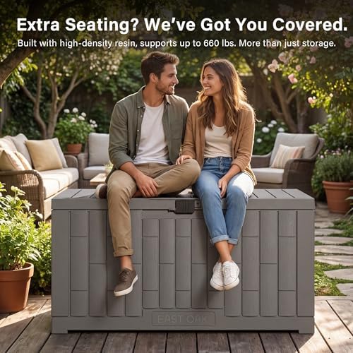 east oak outdoor storage box, 60 gallon deck, side view
