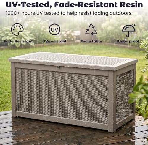 patiozen 360 gallon outdoor storage box, heavy duty showing dimensions