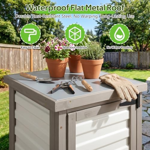 small outdoor storage cabinet with metal top, 18 showing dimensions