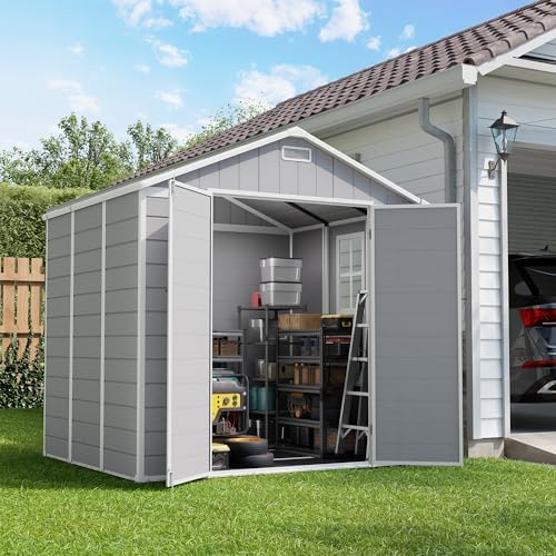 amopatio 8x6 ft resin shed, outdoor storage shed, front angle view
