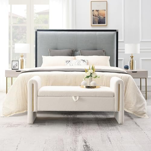 52" upholstered storage bench, white, armrests, wood frame, view 9