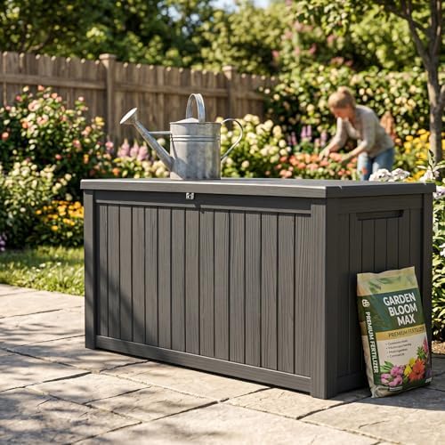 200 gallons outdoor storage deck box on a desk or shelf