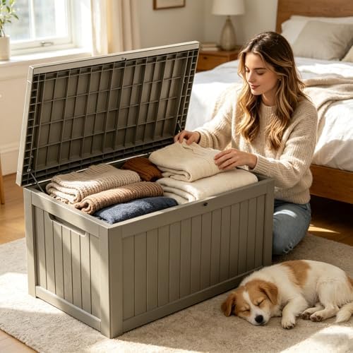 makino 275 gallon resin outdoor storage box, waterproof, front angle view