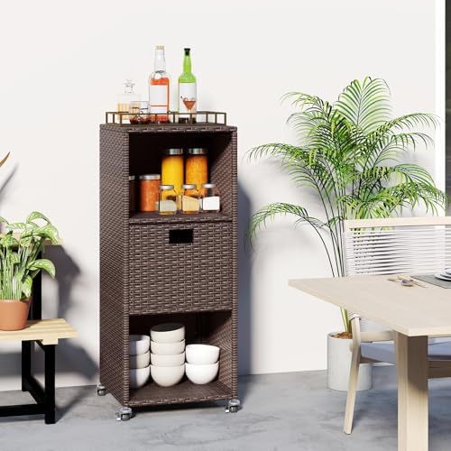 happygrill outdoor storage cabinet with wheels, pe rattan, side view