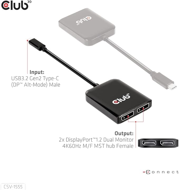 Club 3D CSV-1555 USB3.2 Gen2 Type-C to DisplayPort Dual Monitor 4K60Hz M/F MST - Image 7
