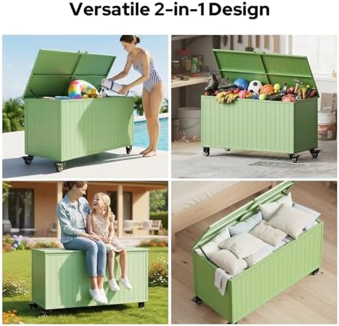 150 gallon outdoor storage box with wheels, metal on a desk or shelf