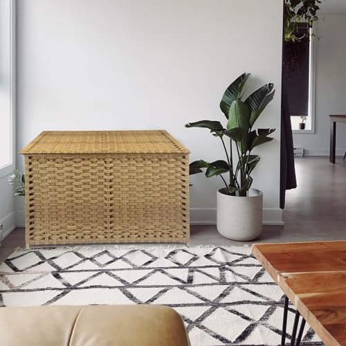 wicker storage trunk, large storage basket with lid,rural, front angle view